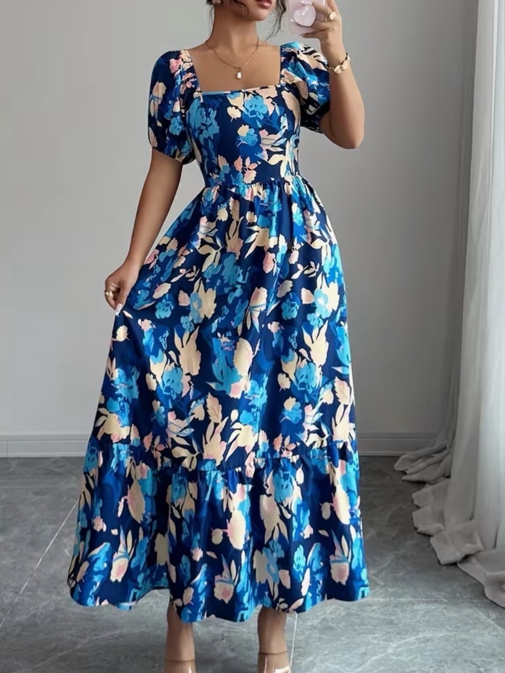 Blue Floral Square-Neck Puff Sleeve Maxi Dress